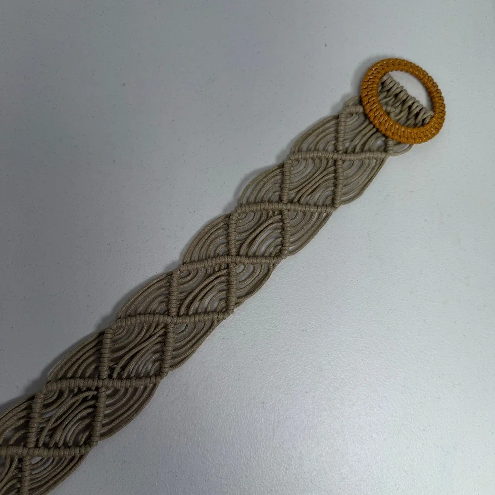 Boho OS Macrame Belt Tan Woven Cord Round Buckle Coastal Festival Hippie Natural